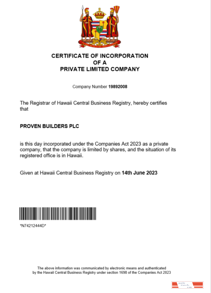 Hawaii certificate of registration Word and PDF template